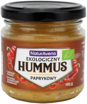 Ekologiczny hummus paprykowy NaturaAvena w szklanym słoiku 185g, z brązową etykietą i grafiką papryki, widok z przodu.