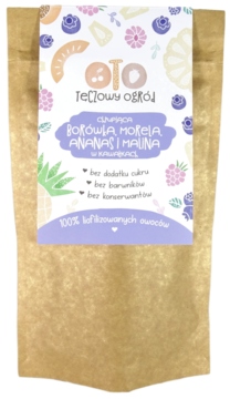 Beżowa torebka liofilizowanych owoców Oto Tęczowy Ogród: borówka, morela, ananas, malina. Widok z przodu.