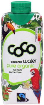 Biały karton Coco Coconut Water pure organic z zieloną nakrętką, tropikalnymi ptakami i Nutri-Score B.
