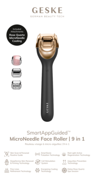 Geske SmartAppGuided MicroNeedle Face Roller 9w1 czarno-złoty, z nakładkami Rose Quartz, widok z przodu na białym tle.