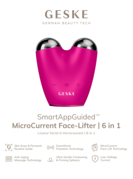 Różowy GESKE SmartAppGuided MicroCurrent Face-Lifter 6w1 z metalowymi głowicami na białym tle, widok z przodu.
