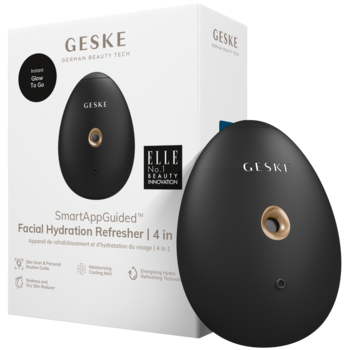 GESKE Nawilżacz do twarzy 4-w-1, czarny, owalny z złotym akcentem, obok białe pudełko produktu pod kątem.