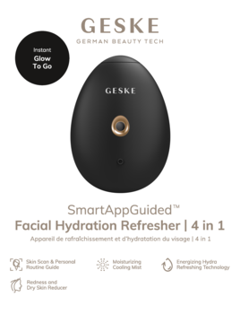 Czarny nawilżacz GESKE SmartAppGuided Facial Hydration Refresher 4w1 z złotym przyciskiem, widok z przodu na jasnym tle.