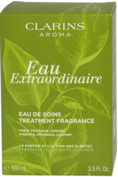 Zielone pudełko Clarins Eau Extraordinaire Treatment Fragrance 100ml, z białymi napisami i liśćmi, widok z przodu.