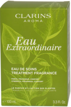 Zielone pudełko Clarins Eau Extraordinaire Treatment Fragrance 100ml, z białymi napisami i liśćmi, widok z przodu.