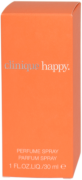 Pomarańczowe pudełko perfum Clinique Happy, ze srebrnym logo i napisem "perfume spray".
