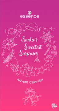 Różowy kalendarz adwentowy Essence Santa's Sweetest Surprises z białymi świątecznymi ilustracjami wieńca.