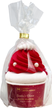 Stara Mydlarnia Santa's Glove, czerwono-biała muffinka do kąpieli z perłami, w folii z złotym wiązaniem.