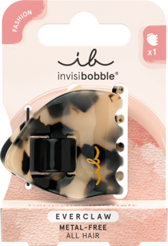Beżowo-czarna, szylkretowa klamra do włosów invisibobble EVERCLAW, metal-free, w blistrze, widok frontalny.