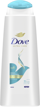 Biała butelka szamponu Dove Ultra Care 2w1 Daily Moisture, widok z przodu, z niebieską nakrętką.