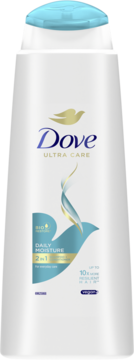 Biała butelka szamponu Dove Ultra Care 2w1 Daily Moisture, widok z przodu, z niebieską nakrętką.
