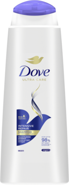 Biała butelka szamponu Dove Intensive Repair, widok z przodu, fioletowa nakrętka i złote logo.