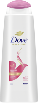 Biała butelka szamponu Dove Ultra Care Colour Care, różowa nakrętka, ochrona koloru do 10 tygodni, widok z przodu.