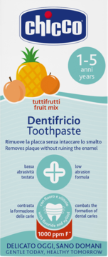 Chicco Dentifricio owocowa pasta do zębów dla dzieci 1-5 lat, z fluorem 1000 ppm i ksylitolem, widok z przodu.