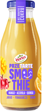 Szklana butelka smoothie Hortex Mango, Acerola, Quinoa, bez cukru, widok z przodu na żółty napój.