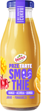 Szklana butelka smoothie Hortex Mango, Acerola, Quinoa, bez cukru, widok z przodu na żółty napój.