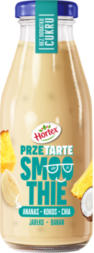 Hortex smoothie banan, jabłko, ananas, kokos, chia w szklanej butelce, bez cukru, widok z przodu.