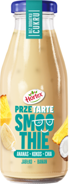 Hortex smoothie banan, jabłko, ananas, kokos, chia w szklanej butelce, bez cukru, widok z przodu.