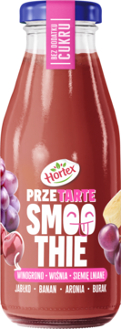 Hortex Przetarte Smoothie owocowe bez cukru, butelka z niebieską nakrętką, widoczne winogrona i banan.