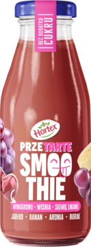 Hortex Przetarte Smoothie owocowe bez cukru, butelka z niebieską nakrętką, widoczne winogrona i banan.