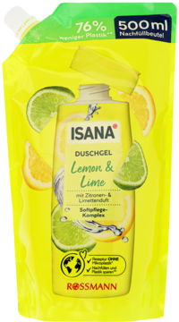 Isana Lemon & Lime 500ml, żółty worek uzupełniający żel pod prysznic, z cytrynami i limonkami, widok z przodu.