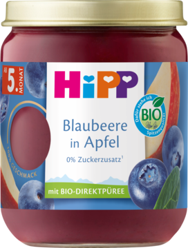 HiPP BIO przecier owocowy jagody z jabłkiem, dla niemowląt 5M+, niebieska etykieta, bez cukru, widok z przodu.