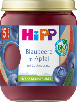 HiPP BIO przecier owocowy jagody z jabłkiem, dla niemowląt 5M+, niebieska etykieta, bez cukru, widok z przodu.