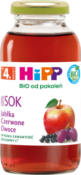 HiPP BIO sok jabłko czerwone owoce dla niemowląt po 4 miesiącu, butelka z czerwoną zawartością, bogaty w witaminę C.
