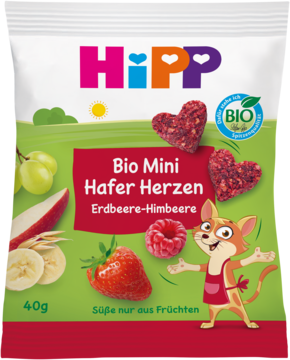 HIPP ,owsiane ciasteczka serduszka, truskawki-maliny, po 1. roku,przód