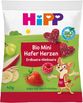 Biała saszetka HiPP Bio Mini Hafer Herzen Erdbeere-Himbeere 40g, z serduszkami owsianymi i owocami, widok z przodu.