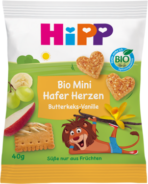 Front torebki HiPP Bio Mini Hafer Herzen, owocowo-zbożowej przekąski o smaku waniliowo-maślanych ciasteczek.