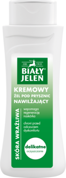 Biały Jeleń nawilżający żel pod prysznic dla wrażliwej skóry w białej butelce z zieloną etykietą, widok z przodu.