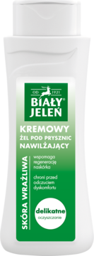 Biały Jeleń nawilżający żel pod prysznic dla wrażliwej skóry w białej butelce z zieloną etykietą, widok z przodu.