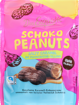 Das Exquisite Schoko Peanuts, różowo-niebieskie opakowanie z solonym karmelem i masłem orzechowym, widok z przodu.