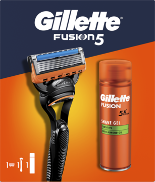 Zestaw Gillette Fusion 5: czarna maszynka z pomarańczową rączką i pomarańczowy żel do golenia z olejem migdałowym.
