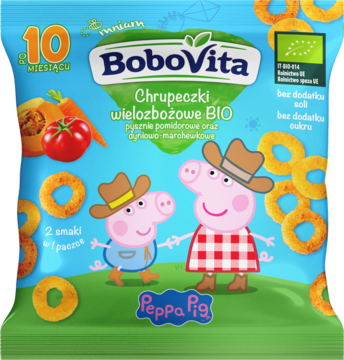 Niebieskie opakowanie chrupek BoboVita BIO z Peppą Pig. Z przodu widać złote krążki i warzywa. Bez soli i cukru.