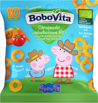 Niebieskie opakowanie chrupek BoboVita BIO z Peppą Pig. Z przodu widać złote krążki i warzywa. Bez soli i cukru.