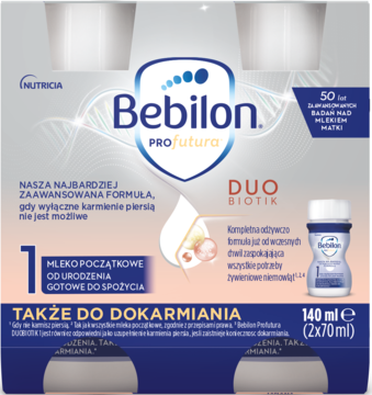 Bebilon PROfutura DUOBIOTIK 1, płynne mleko początkowe, 2 butelki po 70 ml w białym opakowaniu. Widok z przodu.