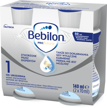 Zestaw Bebilon PROfutura DUOBIOTIK 1, mleko początkowe w płynie 140ml (2x70ml), 4 butelki, widok z przodu.