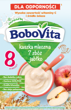 BoboVita kaszka mleczna 7 zbóż jabłko. Zielono-białe opakowanie z miseczką kaszki i jabłkiem, wzmacnia odporność (C, Fe).