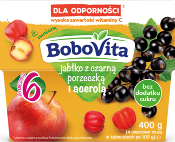 BoboVita mus jabłko z czarną porzeczką i acerolą dla odporności, 6+, w żółto-zielonym opakowaniu, widok z przodu.