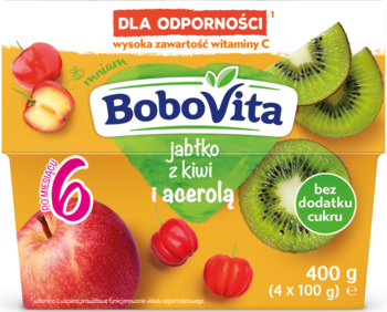 BoboVita mus owocowy 6+ jabłko, kiwi i acerola, 4x100g, z wit. C na odporność. Widok przodu pudełka.