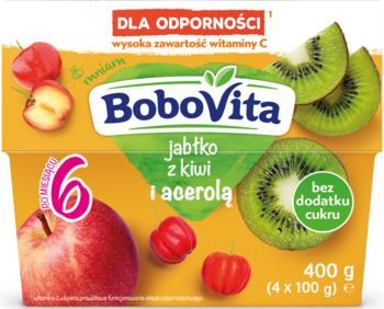 BoboVita mus owocowy 6+ jabłko, kiwi i acerola, 4x100g, z wit. C na odporność. Widok przodu pudełka.