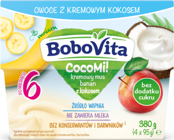 BoboVita CocoMi! kremowy mus banan-kokos dla dzieci 6+, opakowanie 380g, bez cukru, widok z przodu.