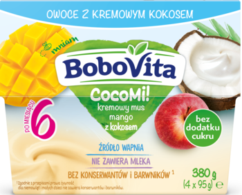 Mus BoboVita CocoMi! mango-kokos 6m+ w kartoniku 4x95g, z grafiką mango, kokosa i brzoskwini, widok z przodu.