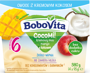 Mus BoboVita CocoMi! mango-kokos 6m+ w kartoniku 4x95g, z grafiką mango, kokosa i brzoskwini, widok z przodu.