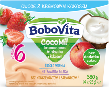 Opakowanie musu BoboVita CocoMi! truskawka-kokos 4x95g, jasne tło, truskawki, kokos, napis 6m.