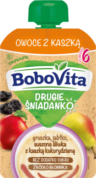 Mus BoboVita Owoce z Kaszką dla 6m+, gruszka, jabłko i śliwka, w saszetce z zieloną nakrętką, widok przód.