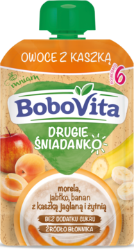 Mus BoboVita Owocowo-Zbożowy morela, jabłko, banan. Beżowo-pomarańczowa tubka z zakrętką.