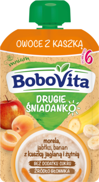 BoboVita Drugie Śniadanko mus owocowy z kaszką, 6+ miesiąc, pomarańczowa tubka z zieloną nakrętką, widok z przodu.